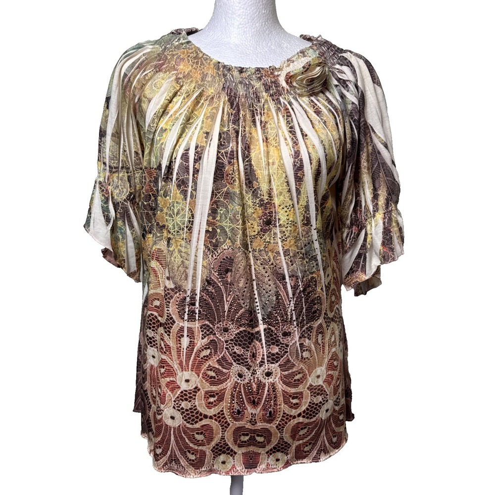 B.L.E.U. Women's Large Blouse Sublimated Lace Floral Print‎ Sheer Flutter Sleeve